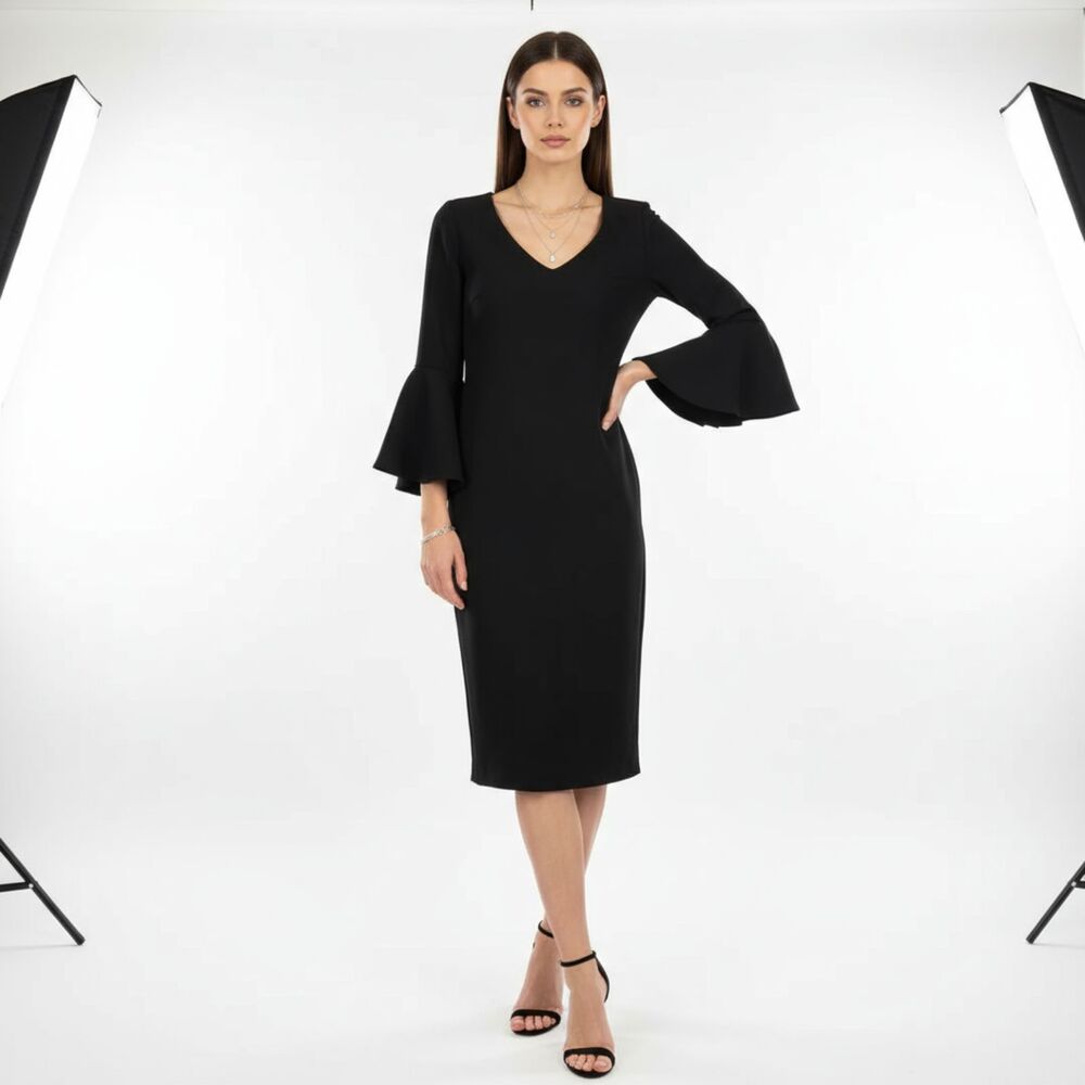 Badgley Mischka Black Flair Sleeve Knee Length Dress 8